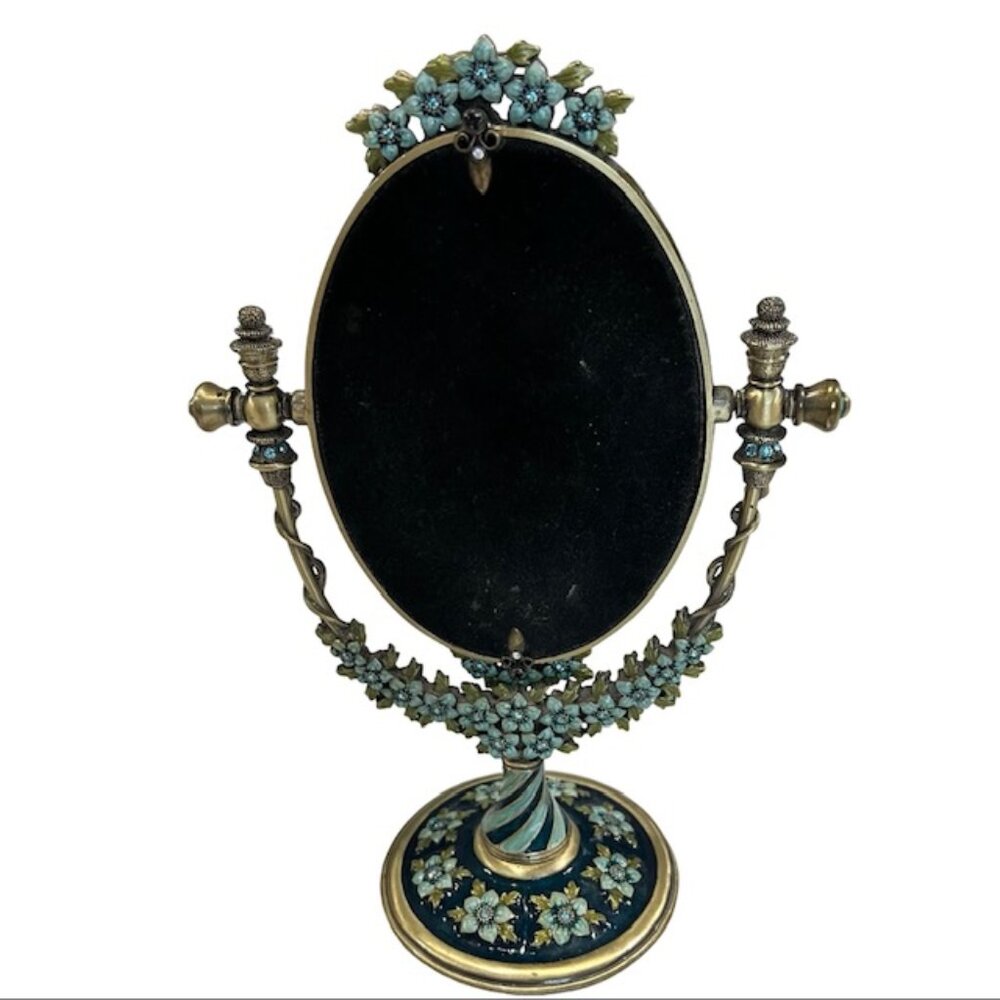 Vintage Brass Oval Vanity Makeup Desk Mirror, Enameled Metal Jeweled Tabletop - Picture 6 of 14